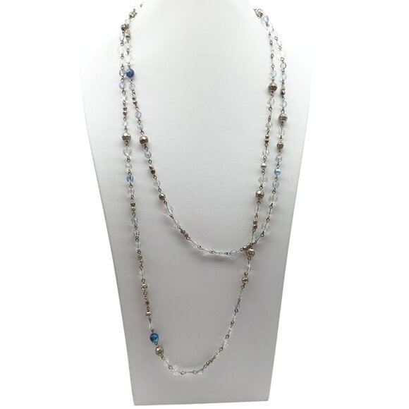 Long Premier Designs Crystal & Metal Bead Necklace, Vintage Blue and Gold Tone - Picture 3 of 4